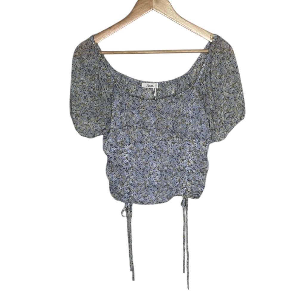 Active USA Blouse Blue Yellow Floral Chiffon Tie Front Crop Puff Size XL